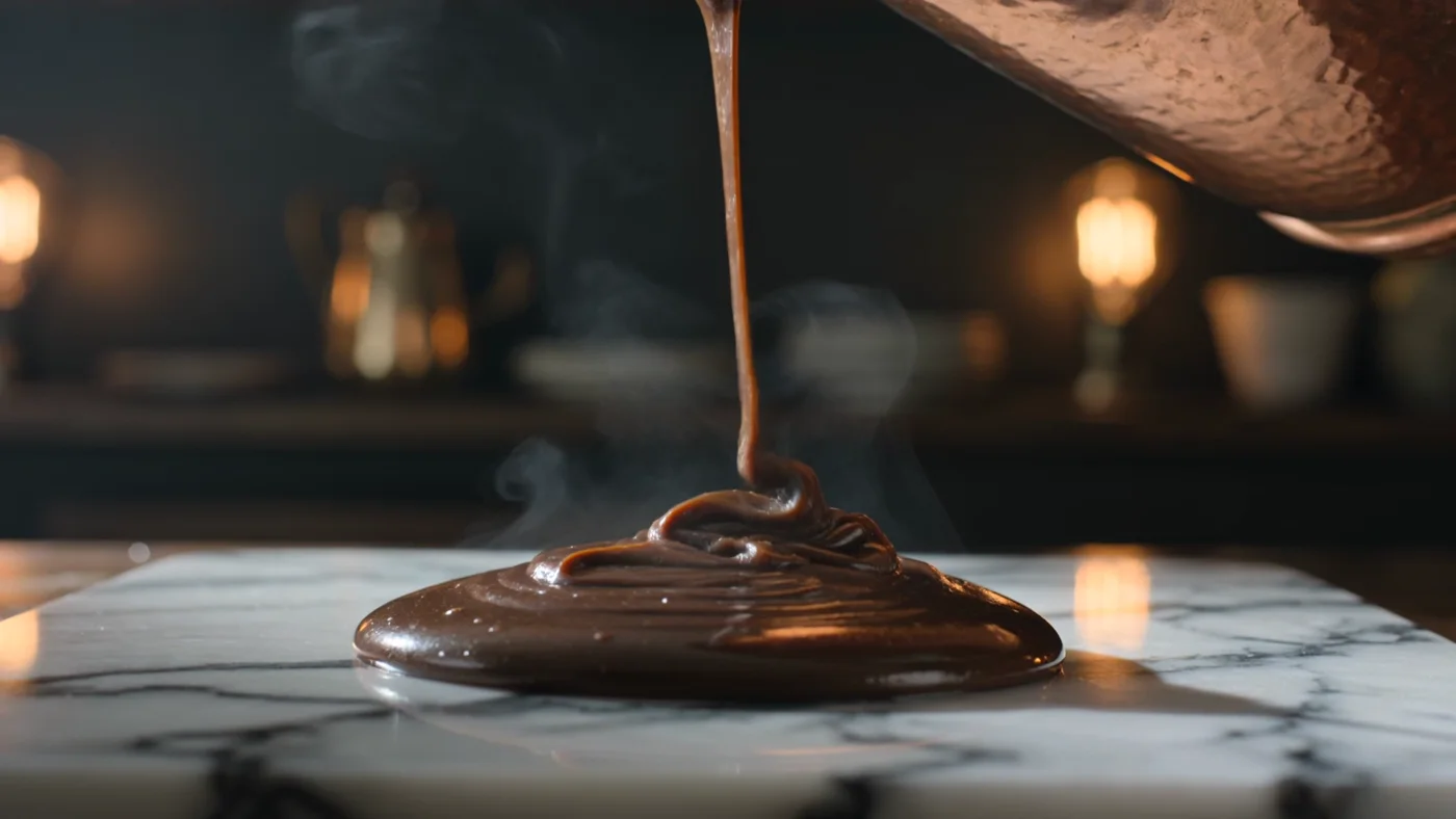Chocolate fudge being poured in a cinematic close-up
