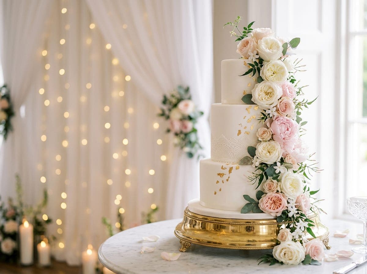 Elegant wedding cake in a bright reception setting