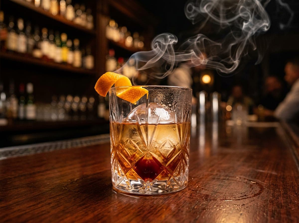 Craft cocktail in a warm bar setting