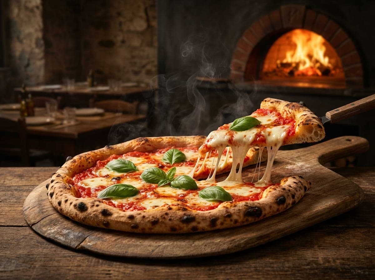 Artisan pizza emerging from a wood-fired oven