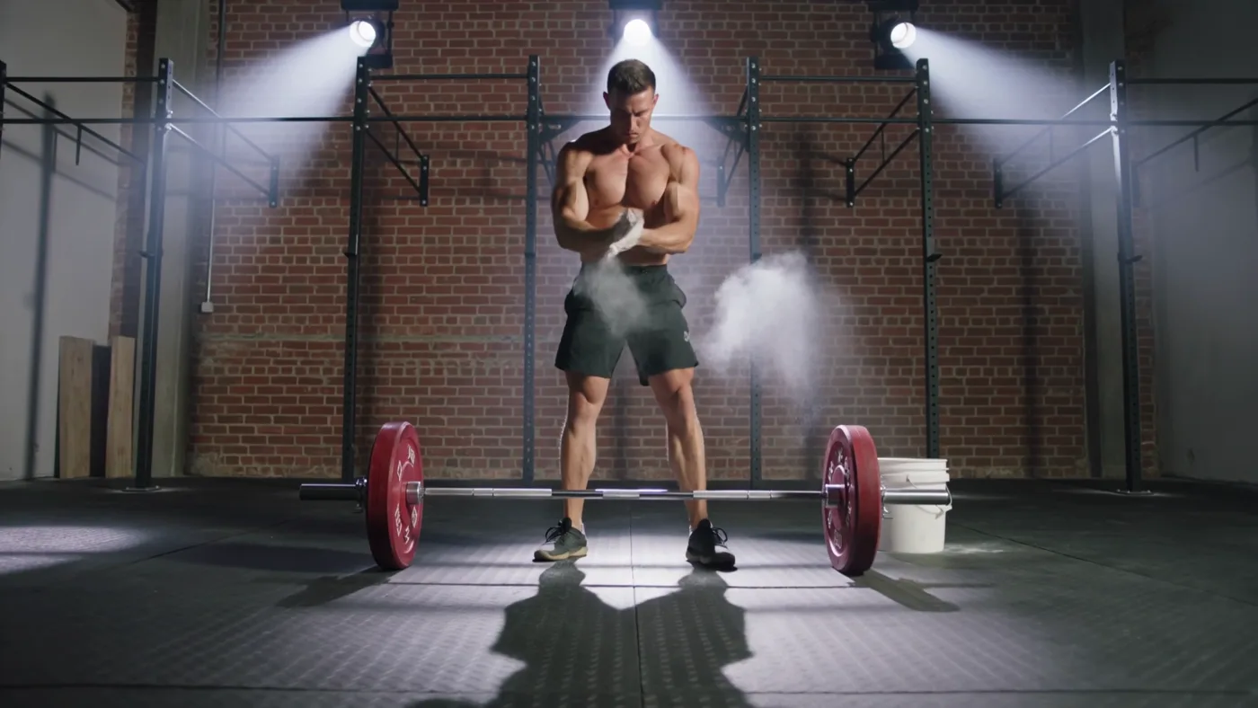 A focused athlete training in a dark industrial gym
