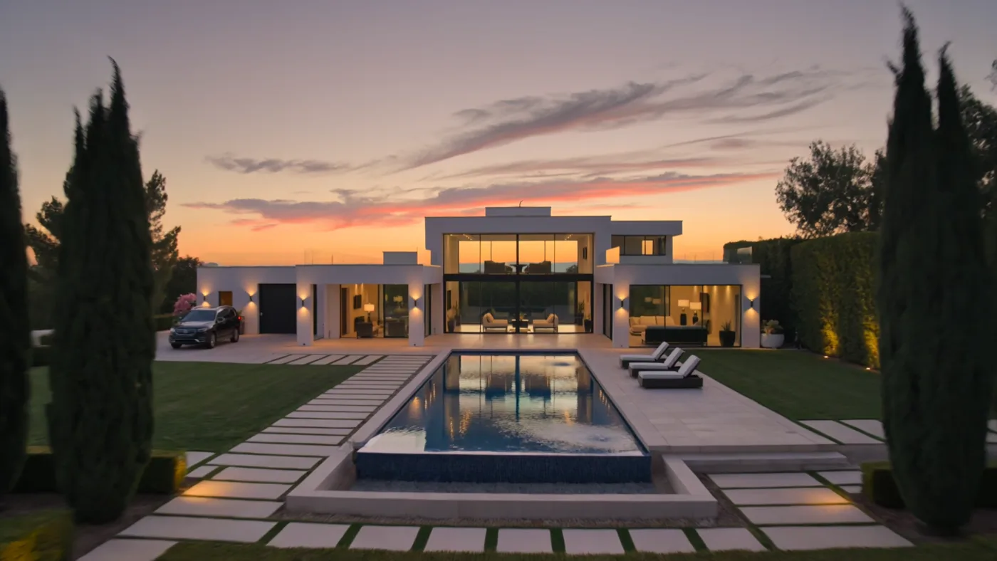 A modern luxury property at sunset