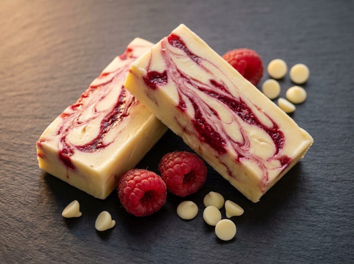 Raspberry white chocolate fudge product image created for The Mill Fudge Factory